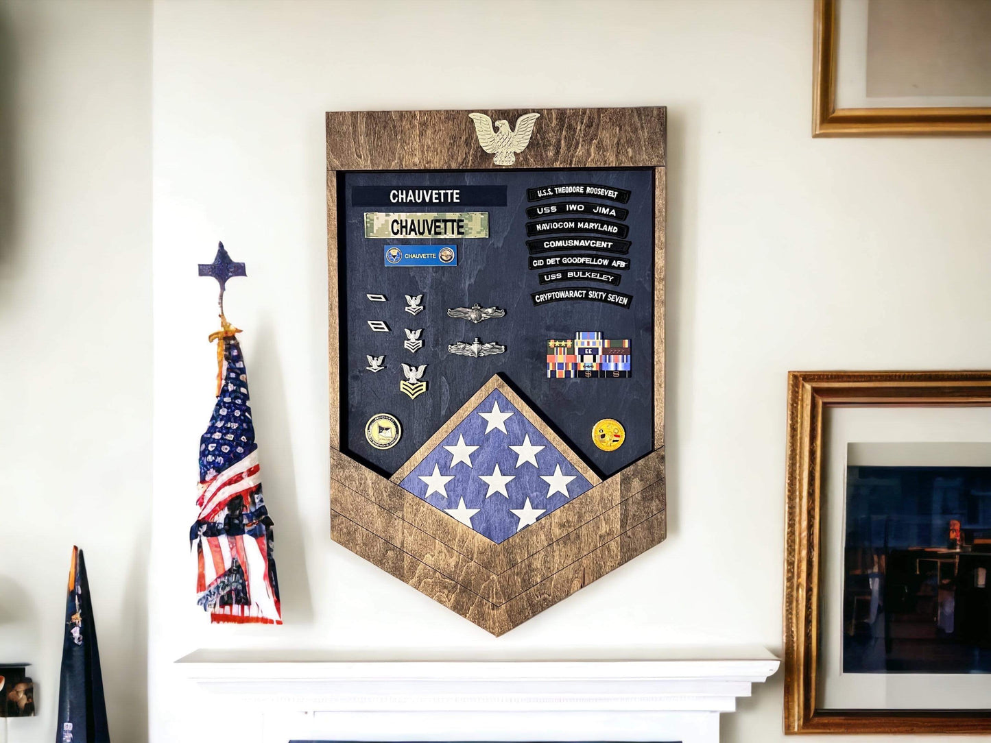 Military Flag & Medal Shadow Box Display Case – Featuring a Wooden Inset Flag