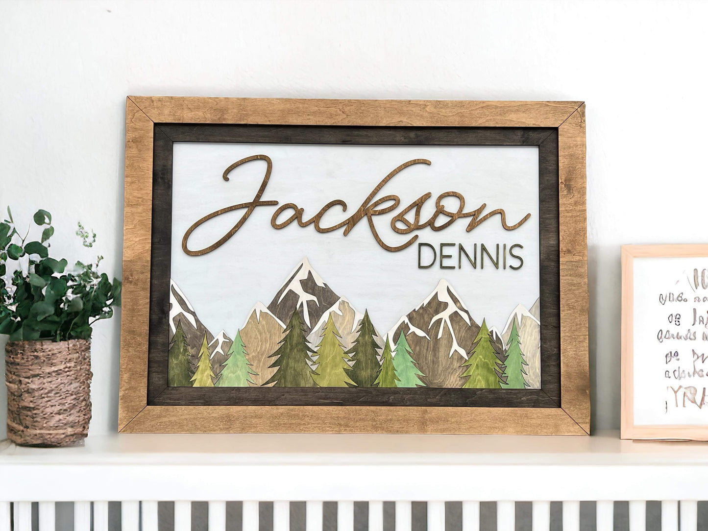 Double Framed Wooden Nursery Sign – Mountain Top and Tree Line Design