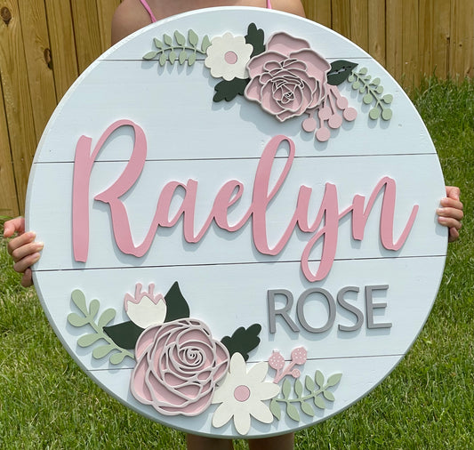 Personalized Shiplap Nursery Sign with First and Middle Name and Floral Design