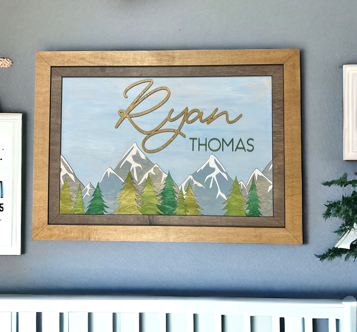 Double Framed Wooden Nursery Sign – Mountain Top and Tree Line Design