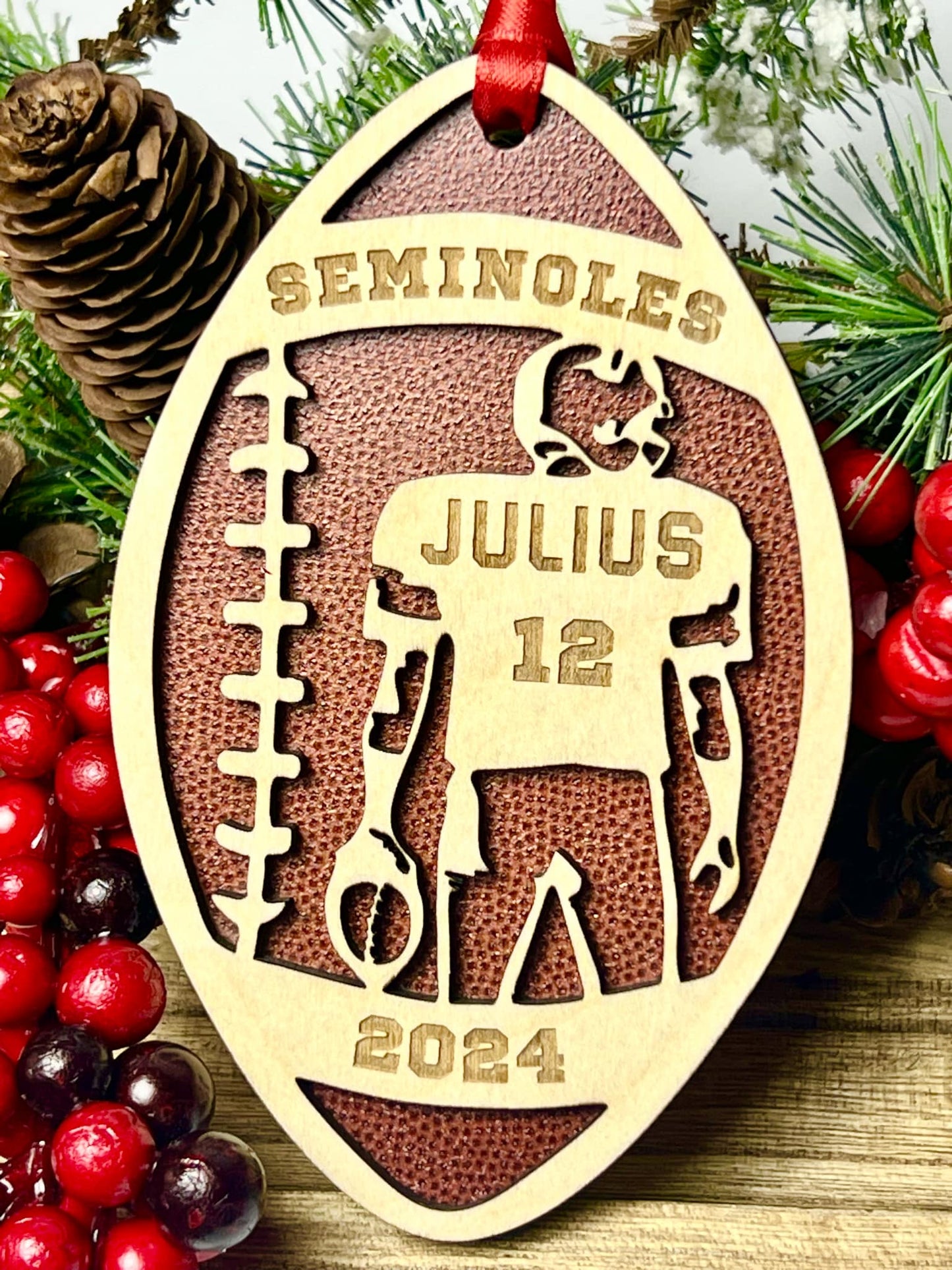 🏈 Custom Football Ornament - Personalized with Team, Player Name &amp; Number | UV Printed Faux Football Texture 🏈