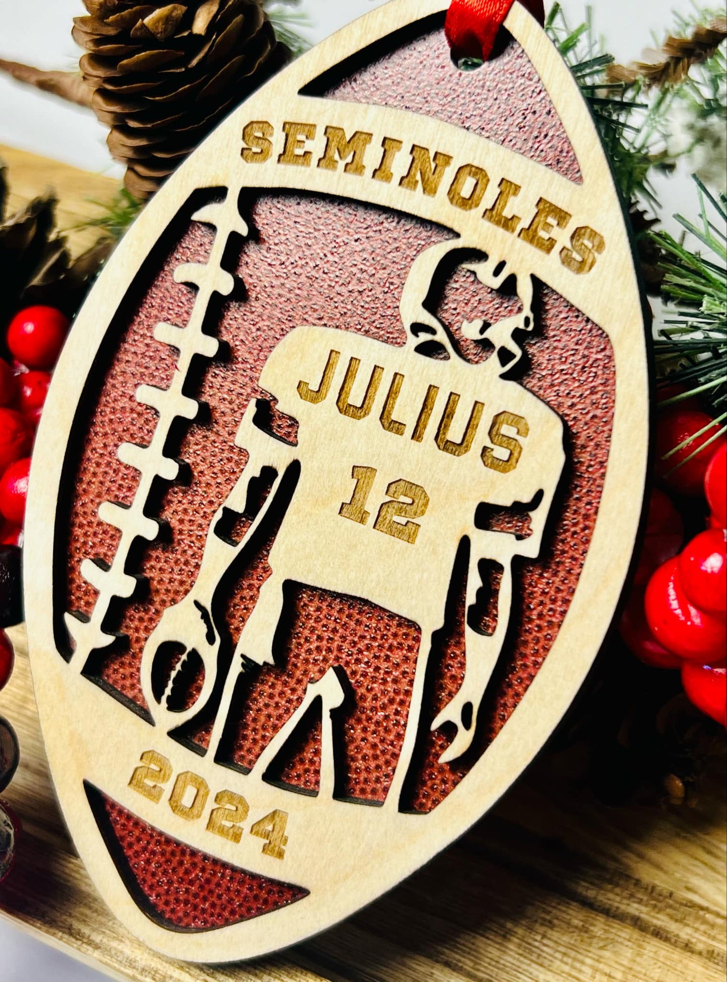 🏈 Custom Football Ornament - Personalized with Team, Player Name &amp; Number | UV Printed Faux Football Texture 🏈